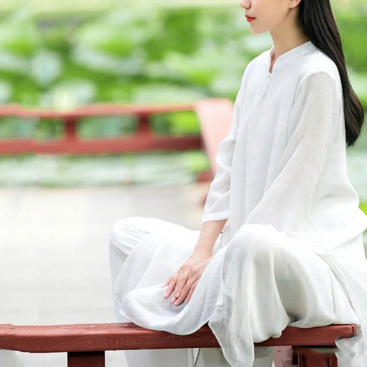 Buddha Stones 2Pcs White Tai Chi Meditation Yoga Zen Cotton Linen Clothing Top Pants Women's Set - image 10