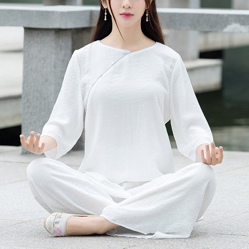 Buddha Stones 2Pcs Simple Design White Top Pants Meditation Yoga Zen Tai Chi Clothing Women's Set - White(Top&Pants)-US8-10，UK/AU12-14，EU40-42 (3XL) - image 0