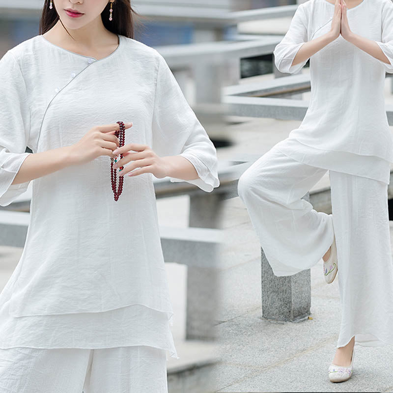 Buddha Stones 2Pcs Simple Design White Top Pants Meditation Yoga Zen Tai Chi Clothing Women's Set - image 1