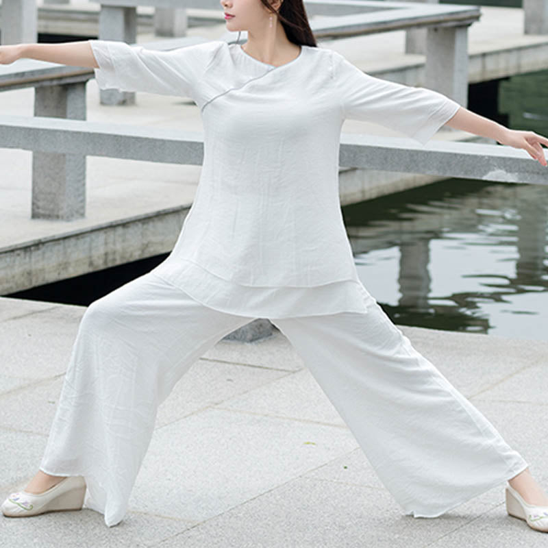 Buddha Stones 2Pcs Simple Design White Top Pants Meditation Yoga Zen Tai Chi Clothing Women's Set - image 4