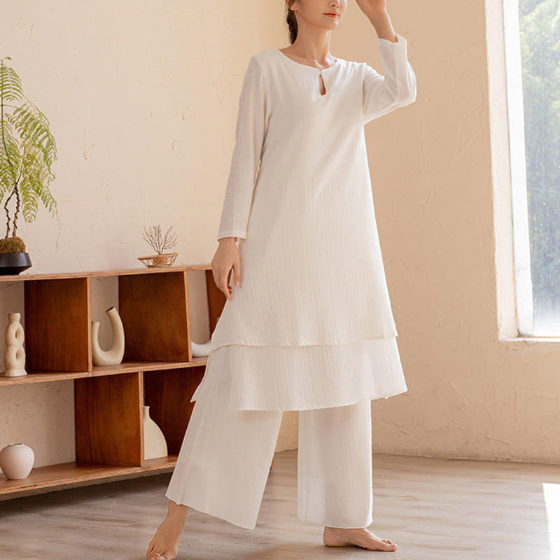 Buddha Stones 2Pcs Simple Design Tai Chi Meditation Yoga Clothing Top Pants Women's Set - White(Top&Pants) - US14，UK/AU18，EU46 (2XL)  - image 0