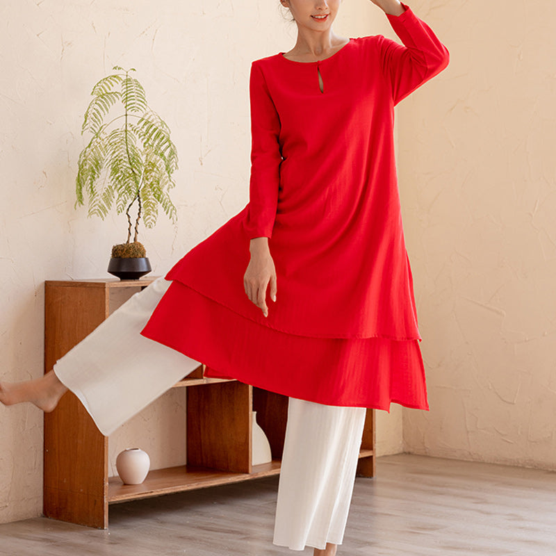 Buddha Stones 2Pcs Simple Design Tai Chi Meditation Yoga Clothing Top Pants Women's Set - Red Top&White Pants - US14，UK/AU18，EU46 (2XL)  - image 11