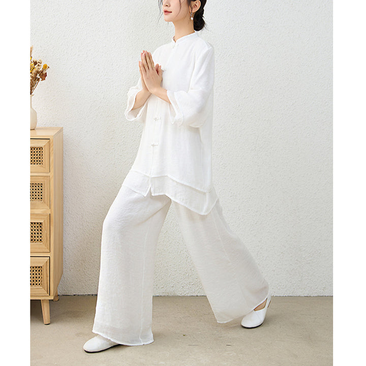 Buddha Stones 2Pcs Simple Chinese Frog Button Design Top Pants Meditation Yoga Zen Tai Chi Cotton Clothing Women's Set - image 21