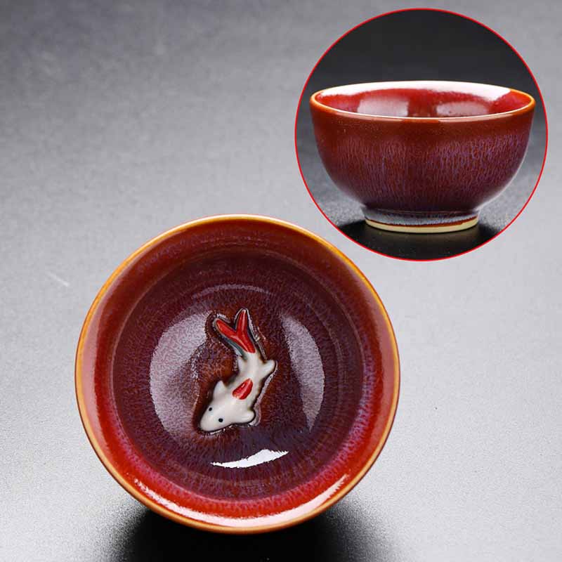 Buddha Stones Small Koi Fish Kiln Change Chinese Jianzhan Ceramic Teacup Kung Fu Tea Cup 60ml - Red 7.3cm*4cm*60ml - image 5