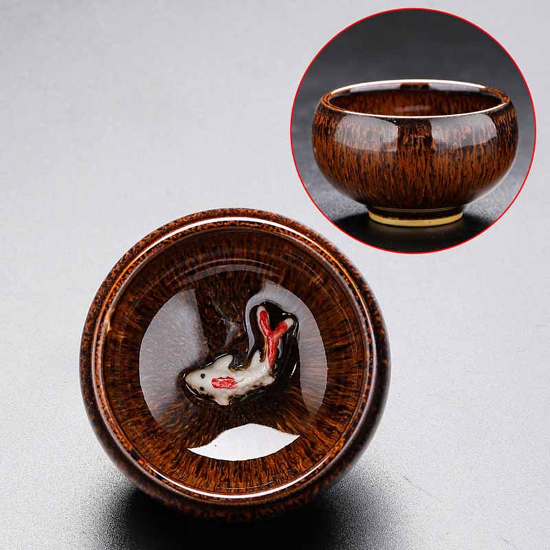 Buddha Stones Small Koi Fish Kiln Change Chinese Jianzhan Ceramic Teacup Kung Fu Tea Cup 60ml - Golden Brown 6.6cm*4.2cm*60ml - image 12