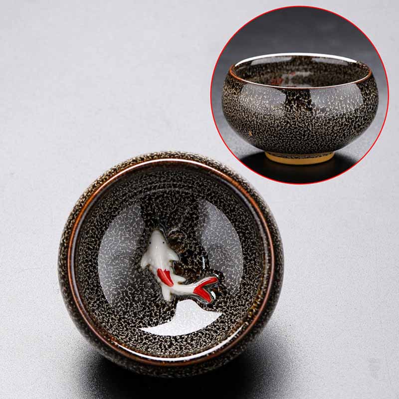 Buddha Stones Small Koi Fish Kiln Change Chinese Jianzhan Ceramic Teacup Kung Fu Tea Cup 60ml - Brown Gray Beige 6.6cm*4.2cm*60ml - image 17