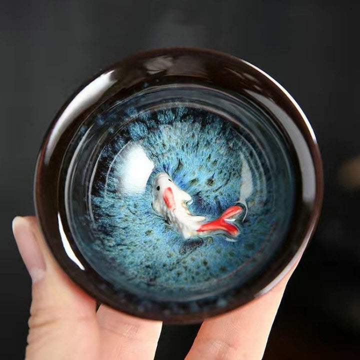 Buddha Stones Small Koi Fish Blue Kiln Change Chinese Jianzhan Ceramic Teacup Kung Fu Tea Cup 75ml - Koi Fish 7.8cm*3.8cm*75ml - image 0