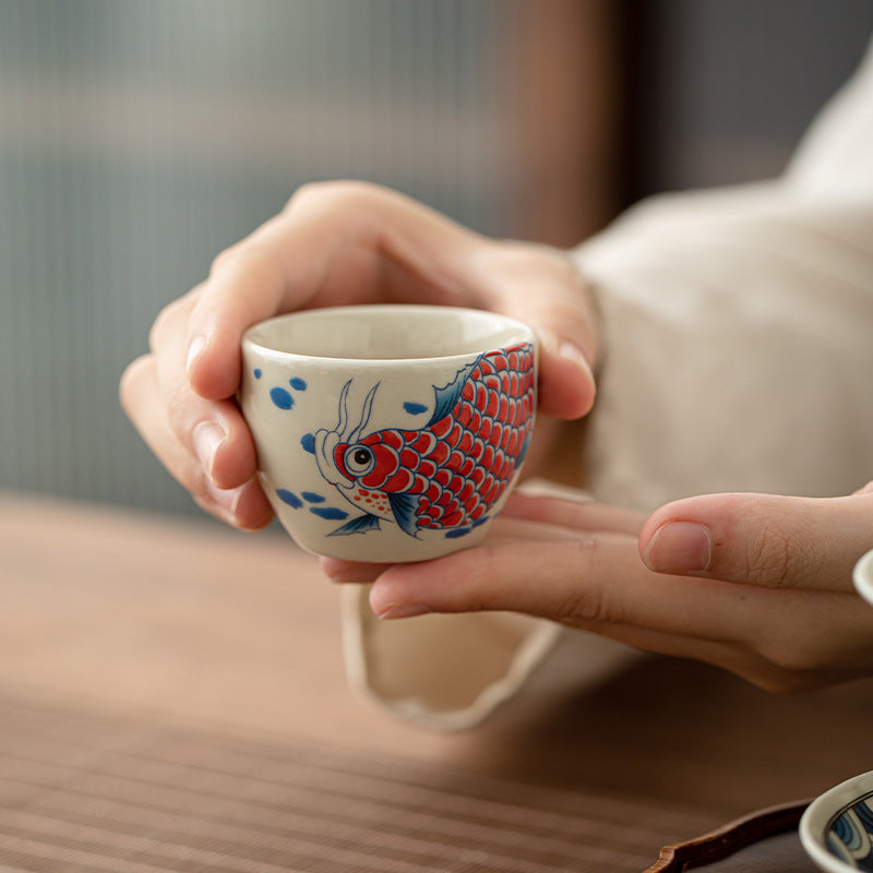 Buddha Stones Koi Fish Arowana Peony Sunflower Ceramic Teacup Kung Fu Tea Cup 60ml - Red Koi Fish Arowana 5.9cm*4.3cm*60ml - image 0