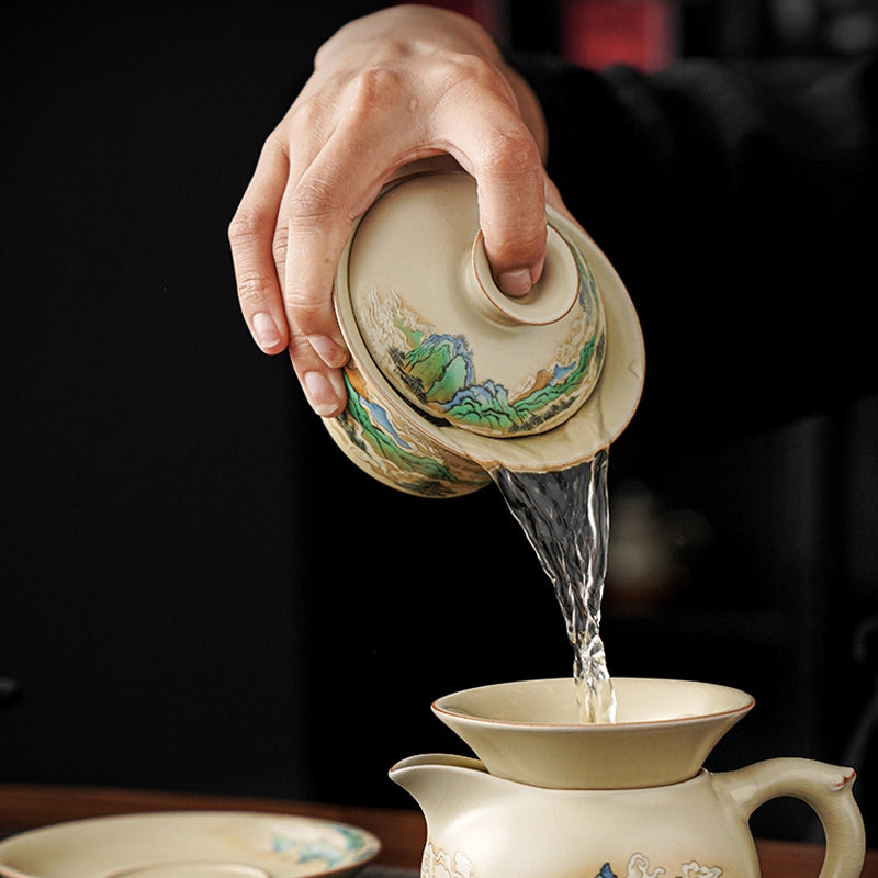 Buddha Stones A Panorama of Rivers and Mountains Flowers Ceramic Gaiwan Sancai Teacup Kung Fu Tea Cup And Saucer With Lid - image 4