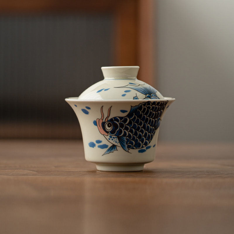 Buddha Stones Koi Fish Arowana Ceramic Gaiwan Sancai Teacup Kung Fu Tea Cup With Lid 130ml - Blue Koi Fish Cup 9.5cm*8.8cm*130ml - image 29