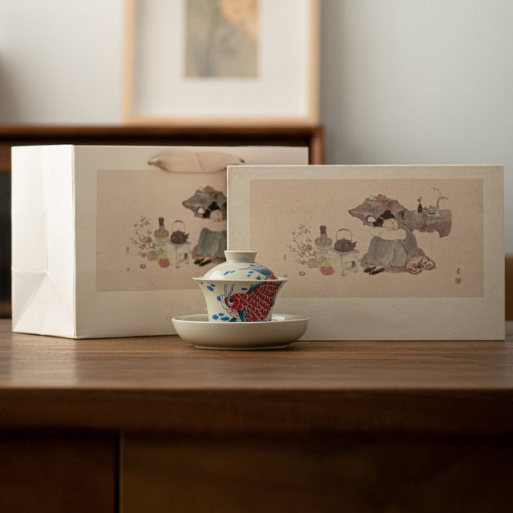 Buddha Stones Koi Fish Arowana Ceramic Gaiwan Sancai Teacup Kung Fu Tea Cup With Lid 130ml - Red Koi Fish Gaiwan Teacup 13.5cm*9.7cm*130ml(Gift Box) - image 32