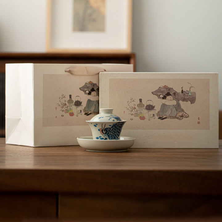 Buddha Stones Koi Fish Arowana Ceramic Gaiwan Sancai Teacup Kung Fu Tea Cup With Lid 130ml - Blue Koi Fish Gaiwan Teacup 13.5cm*9.7cm*130ml(Gift Box) - image 33