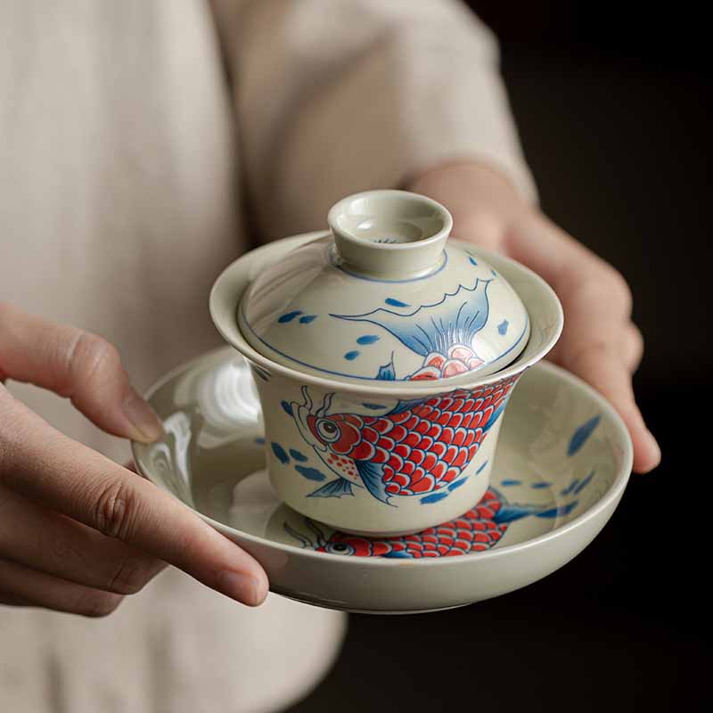Buddha Stones Koi Fish Arowana Ceramic Gaiwan Sancai Teacup Kung Fu Tea Cup With Lid 130ml - Red Koi Fish Gaiwan Teacup 13.5cm*9.7cm*130ml - image 0