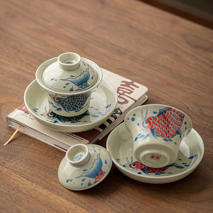Buddha Stones Koi Fish Arowana Ceramic Gaiwan Sancai Teacup Kung Fu Tea Cup With Lid 130ml - image 1