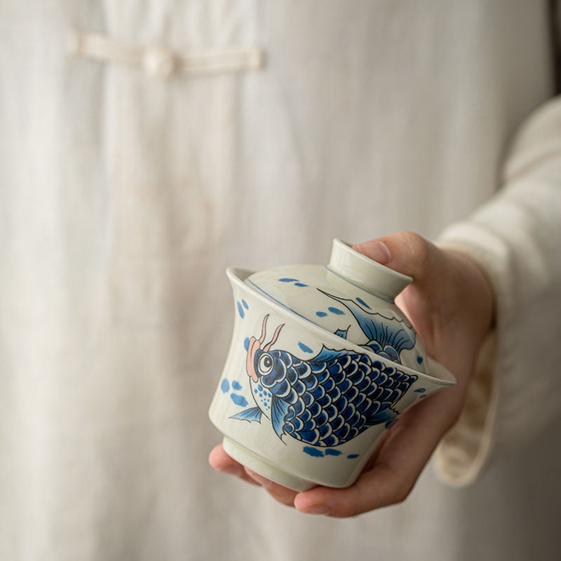 Buddha Stones Koi Fish Arowana Ceramic Gaiwan Sancai Teacup Kung Fu Tea Cup With Lid 130ml - image 31