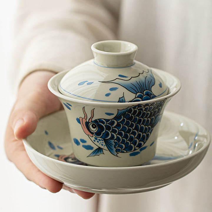 Buddha Stones Koi Fish Arowana Ceramic Gaiwan Sancai Teacup Kung Fu Tea Cup With Lid 130ml - image 17