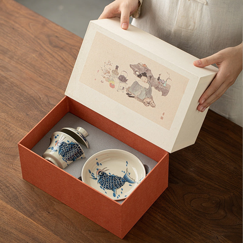 Buddha Stones Koi Fish Arowana Ceramic Gaiwan Sancai Teacup Kung Fu Tea Cup With Lid 130ml - image 34