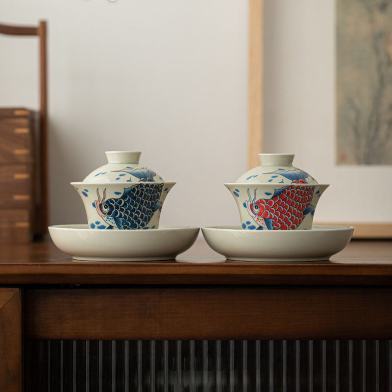 Buddha Stones Koi Fish Arowana Ceramic Gaiwan Sancai Teacup Kung Fu Tea Cup With Lid 130ml - image 23