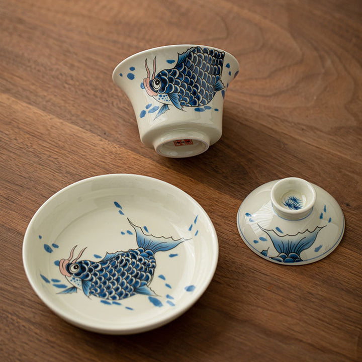 Buddha Stones Koi Fish Arowana Ceramic Gaiwan Sancai Teacup Kung Fu Tea Cup With Lid 130ml - image 18