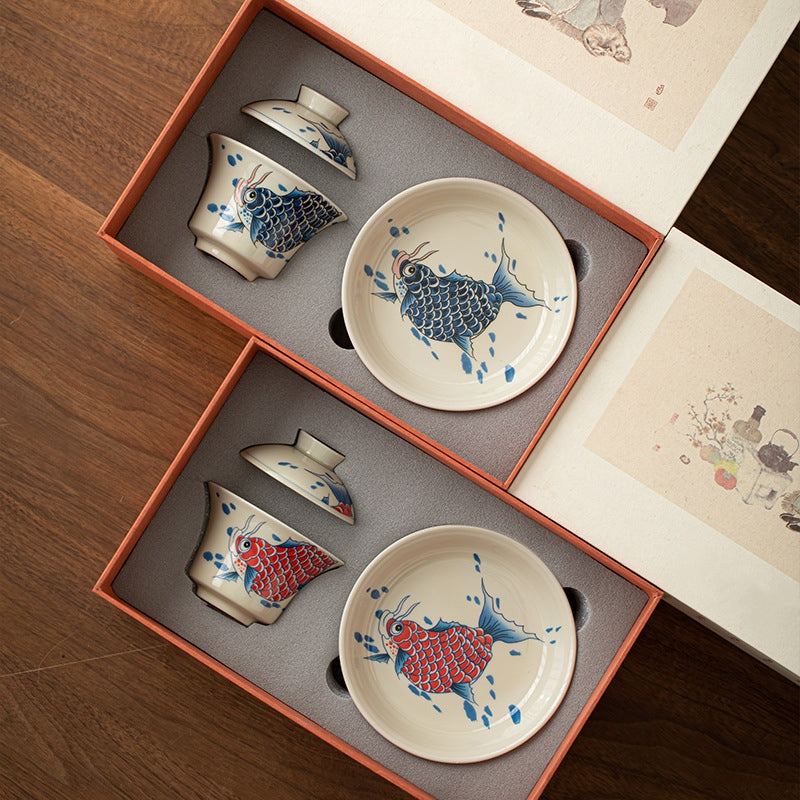Buddha Stones Koi Fish Arowana Ceramic Gaiwan Sancai Teacup Kung Fu Tea Cup With Lid 130ml - image 35