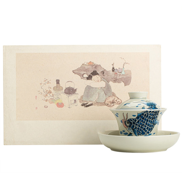 Buddha Stones Koi Fish Arowana Ceramic Gaiwan Sancai Teacup Kung Fu Tea Cup With Lid 130ml - image 37