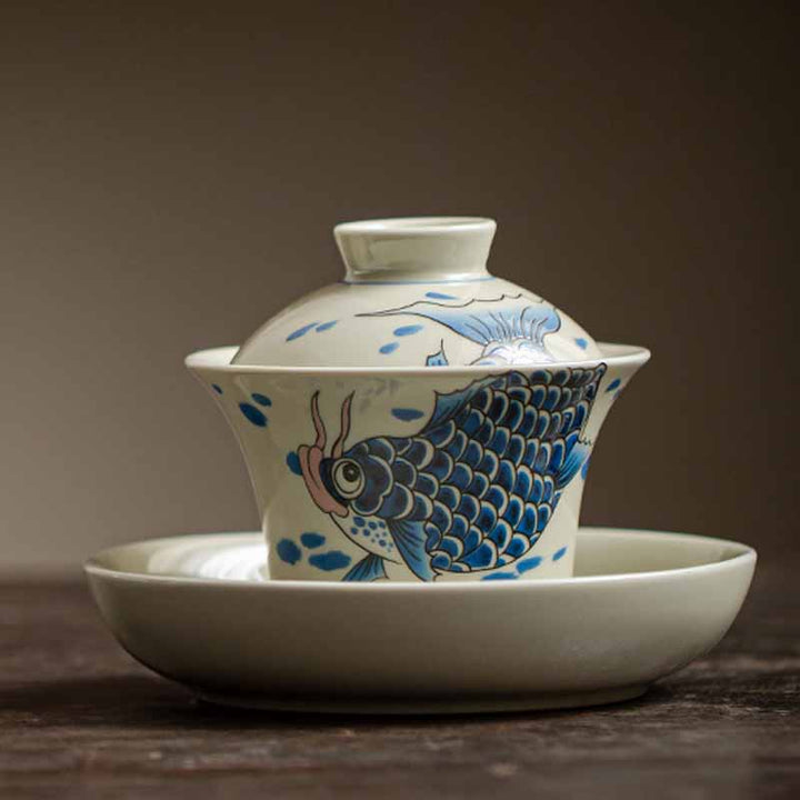 Buddha Stones Koi Fish Arowana Ceramic Gaiwan Sancai Teacup Kung Fu Tea Cup With Lid 130ml - image 19