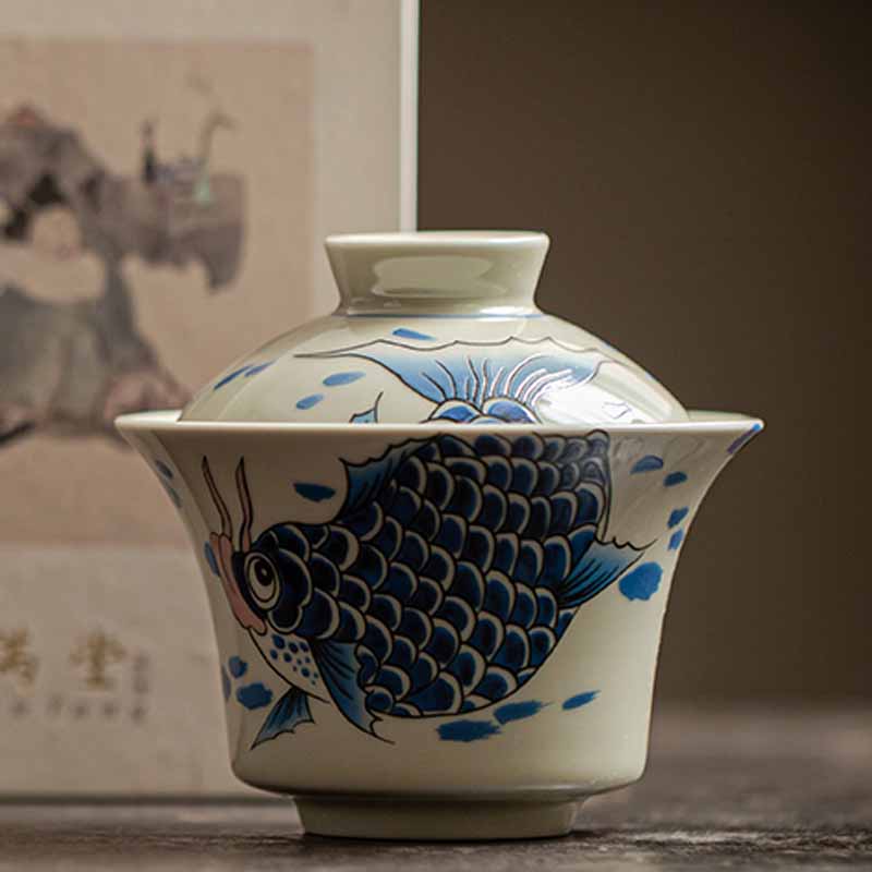 Buddha Stones Koi Fish Arowana Ceramic Gaiwan Sancai Teacup Kung Fu Tea Cup With Lid 130ml - image 30