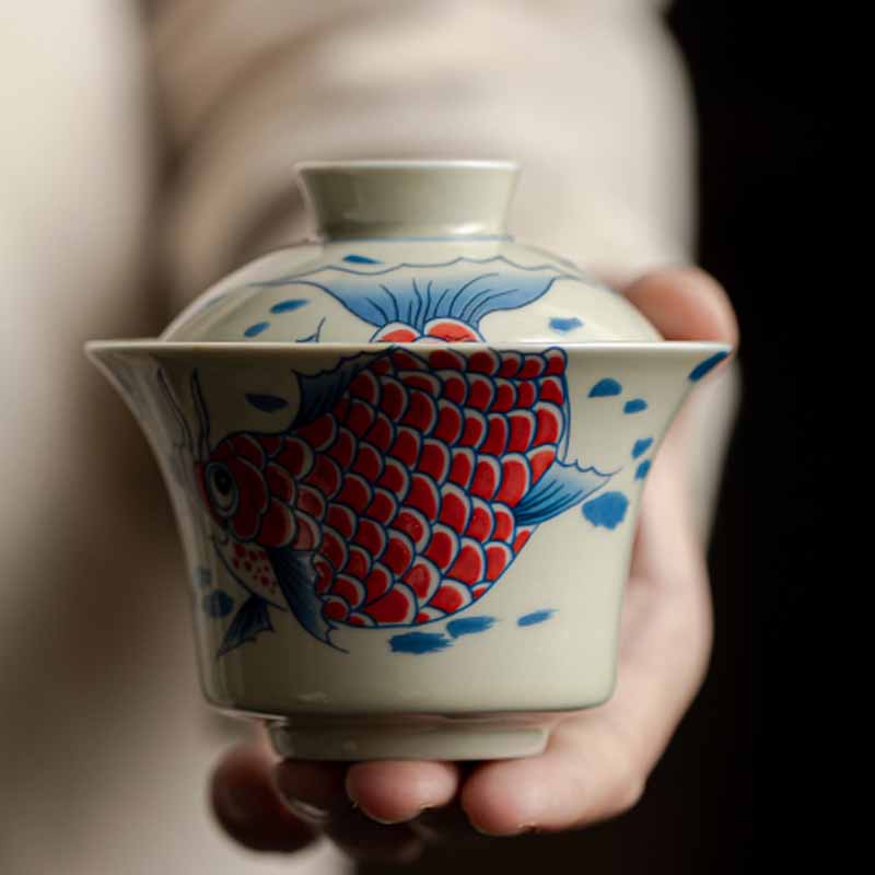 Buddha Stones Koi Fish Arowana Ceramic Gaiwan Sancai Teacup Kung Fu Tea Cup With Lid 130ml - image 26