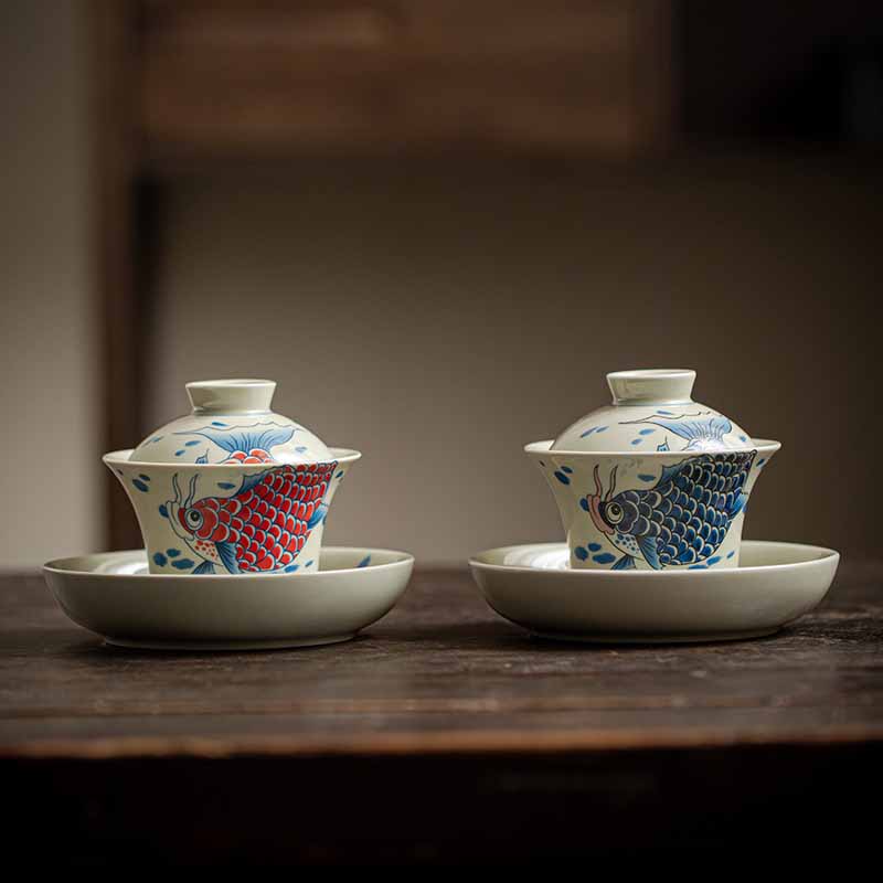 Buddha Stones Koi Fish Arowana Ceramic Gaiwan Sancai Teacup Kung Fu Tea Cup With Lid 130ml - image 24