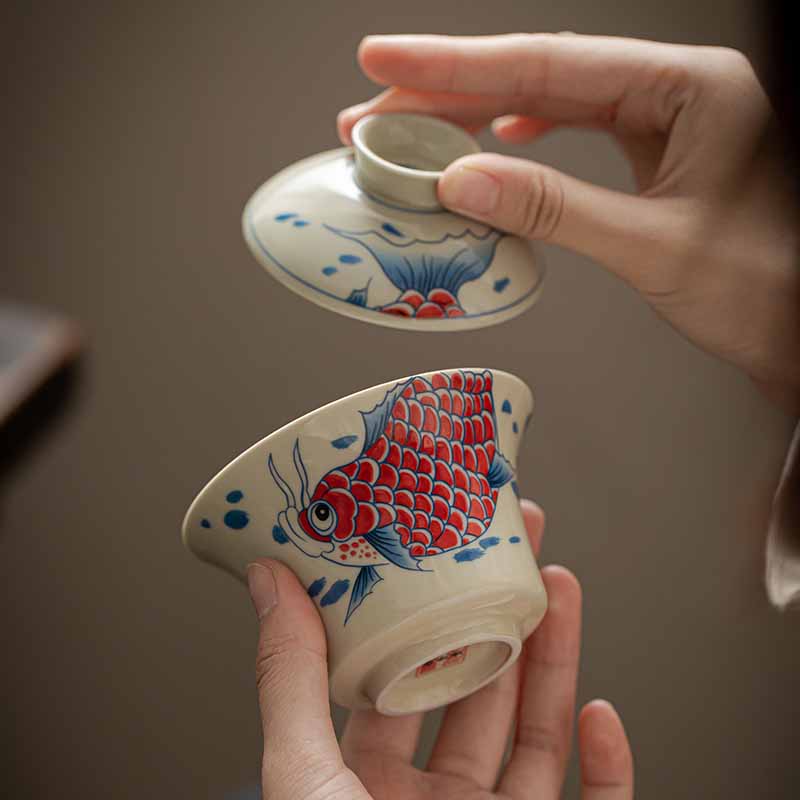 Buddha Stones Koi Fish Arowana Ceramic Gaiwan Sancai Teacup Kung Fu Tea Cup With Lid 130ml - image 27