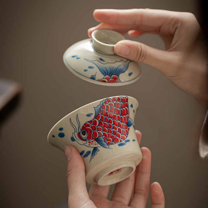 Buddha Stones Koi Fish Arowana Ceramic Gaiwan Sancai Teacup Kung Fu Tea Cup With Lid 130ml - image 27