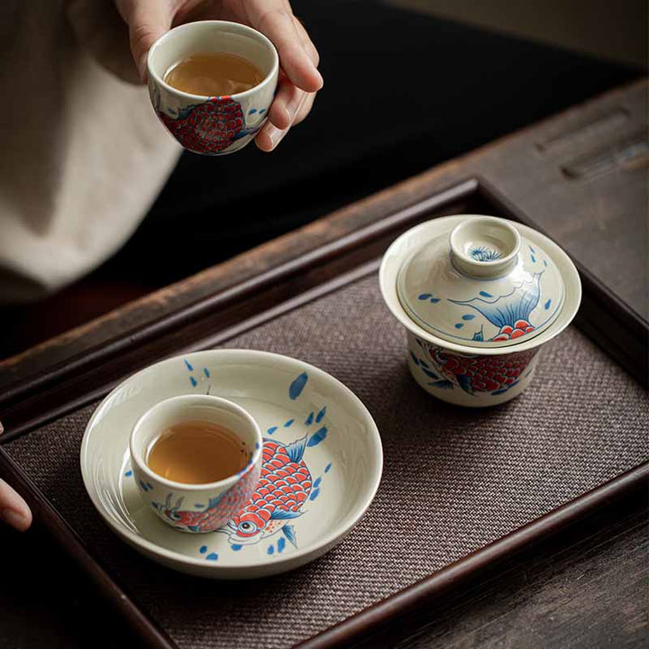 Buddha Stones Koi Fish Arowana Ceramic Gaiwan Sancai Teacup Kung Fu Tea Cup With Lid 130ml - image 11