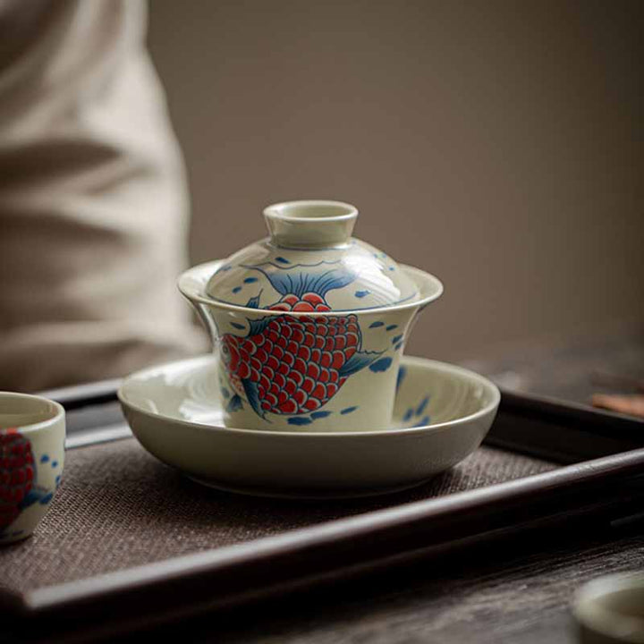 Buddha Stones Koi Fish Arowana Ceramic Gaiwan Sancai Teacup Kung Fu Tea Cup With Lid 130ml - image 13