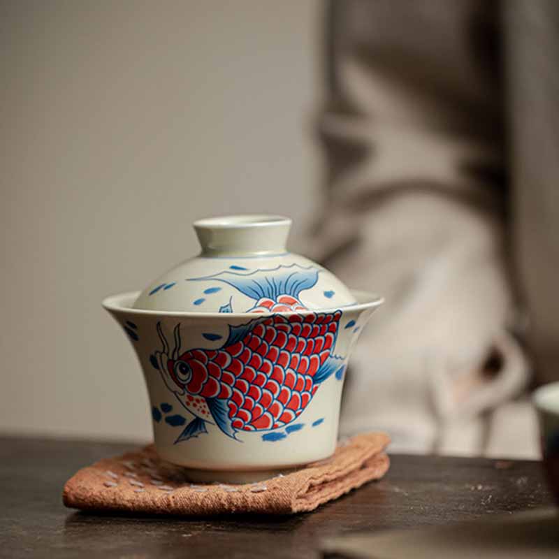 Buddha Stones Koi Fish Arowana Ceramic Gaiwan Sancai Teacup Kung Fu Tea Cup With Lid 130ml - image 28