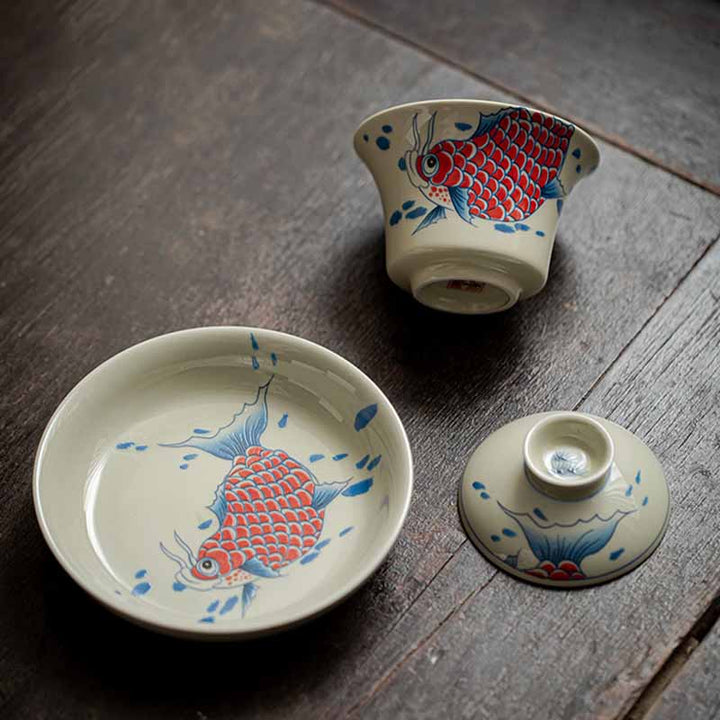 Buddha Stones Koi Fish Arowana Ceramic Gaiwan Sancai Teacup Kung Fu Tea Cup With Lid 130ml - image 5