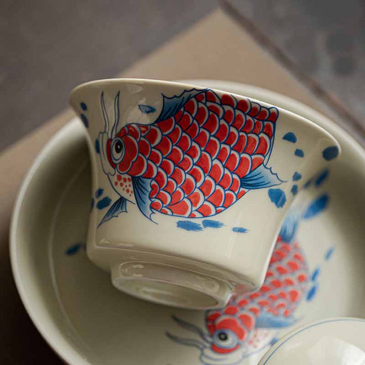 Buddha Stones Koi Fish Arowana Ceramic Gaiwan Sancai Teacup Kung Fu Tea Cup With Lid 130ml - image 4