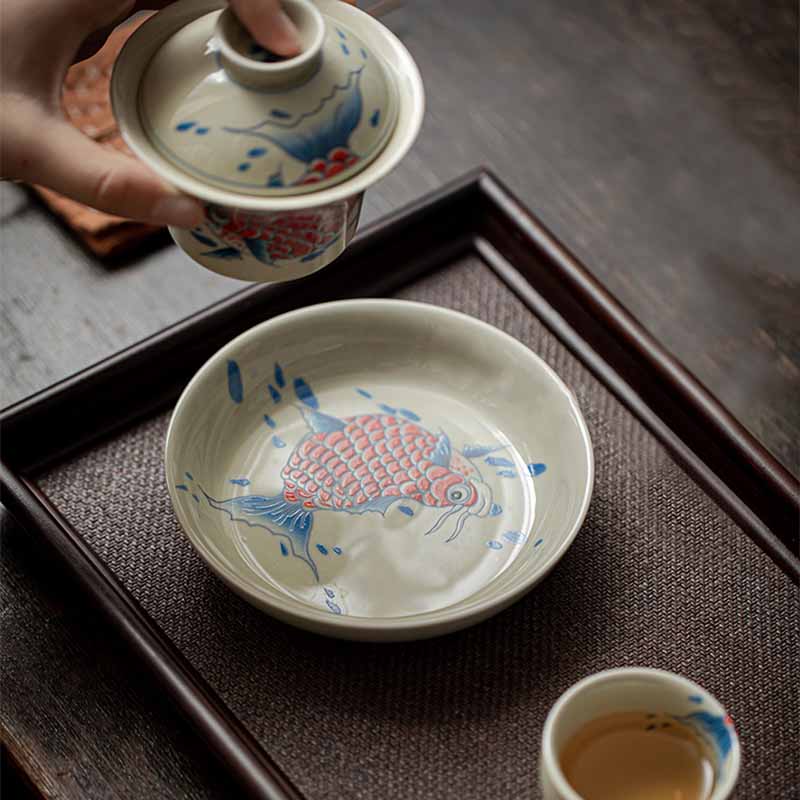 Buddha Stones Koi Fish Arowana Ceramic Gaiwan Sancai Teacup Kung Fu Tea Cup With Lid 130ml - image 7