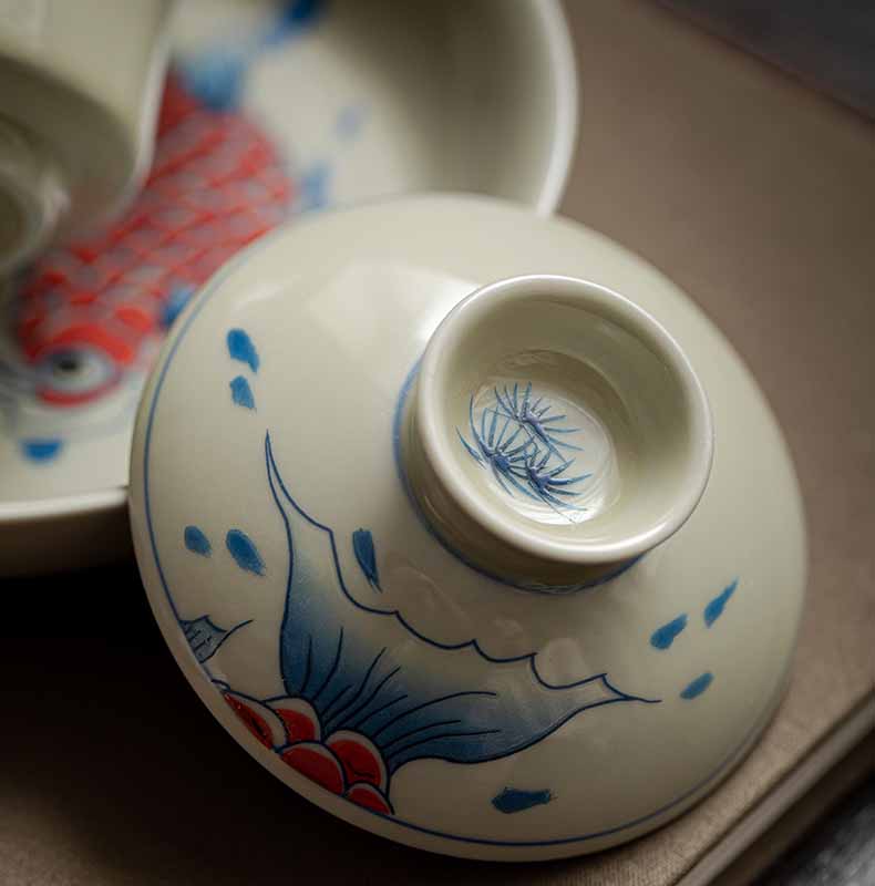 Buddha Stones Koi Fish Arowana Ceramic Gaiwan Sancai Teacup Kung Fu Tea Cup With Lid 130ml - image 6