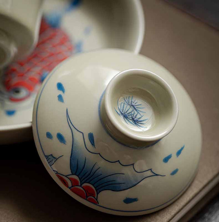 Buddha Stones Koi Fish Arowana Ceramic Gaiwan Sancai Teacup Kung Fu Tea Cup With Lid 130ml - image 6