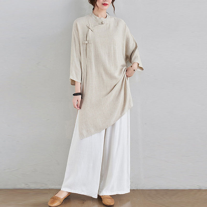 Buddha Stones 2Pcs Plain Design Zen Tai Chi Meditation Clothing Cotton Linen Top Pants Women's Set - Beige Top&White Pants - US12，UK/AU16，EU44 (2XL) - image 0