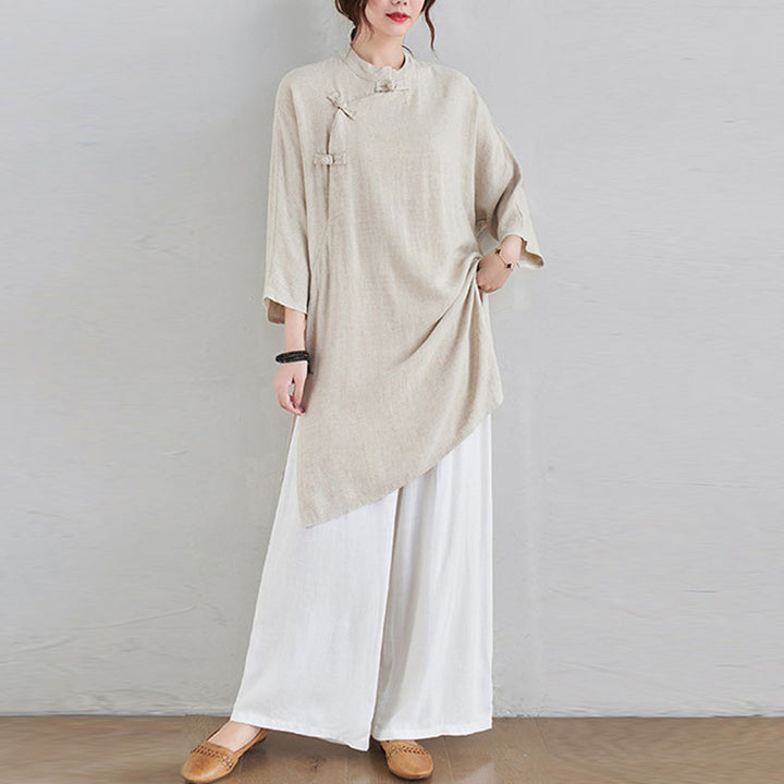 Buddha Stones 2Pcs Plain Design Zen Tai Chi Meditation Clothing Cotton Linen Top Pants Women's Set - Beige Top&White Pants - US12，UK/AU16，EU44 (2XL) - image 0