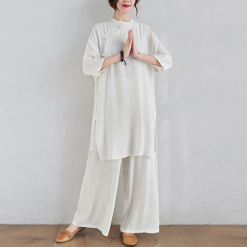 Buddha Stones 2Pcs Plain Design Zen Tai Chi Meditation Clothing Cotton Linen Top Pants Women's Set - image 15