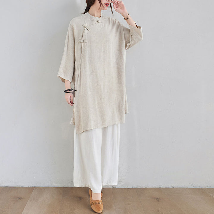 Buddha Stones 2Pcs Plain Design Zen Tai Chi Meditation Clothing Cotton Linen Top Pants Women's Set - image 3