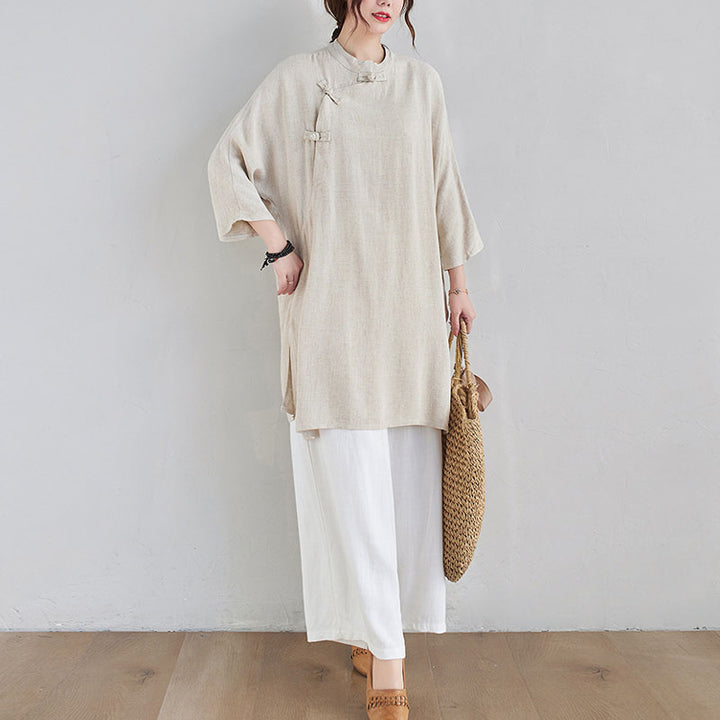 Buddha Stones 2Pcs Plain Design Zen Tai Chi Meditation Clothing Cotton Linen Top Pants Women's Set - image 7