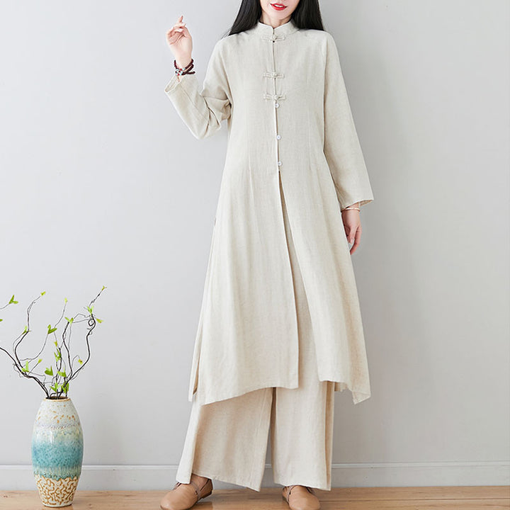 Buddha Stones 2Pcs Chinese Frog Button Design Zen Tai Chi Meditation Clothing Cotton Linen Top Pants Women's Set - Beige(Top&Pants)-US8-10，UK/AU12-14，EU40-42 (2XL) - image 0