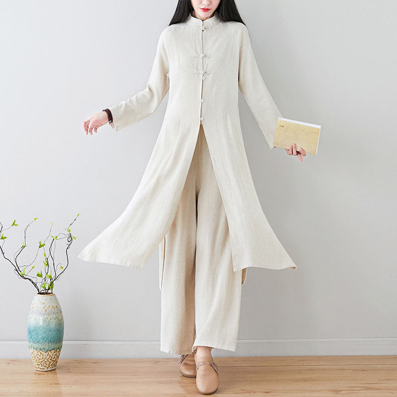 Buddha Stones 2Pcs Chinese Frog Button Design Zen Tai Chi Meditation Clothing Cotton Linen Top Pants Women's Set - image 1