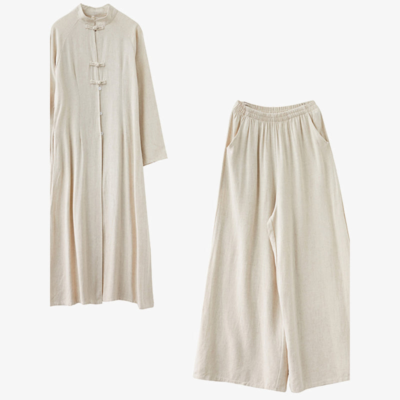 Buddha Stones 2Pcs Chinese Frog Button Design Zen Tai Chi Meditation Clothing Cotton Linen Top Pants Women's Set - image 4