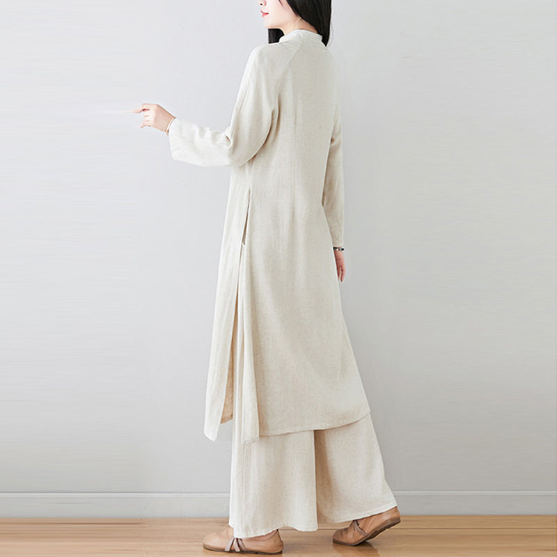 Buddha Stones 2Pcs Chinese Frog Button Design Zen Tai Chi Meditation Clothing Cotton Linen Top Pants Women's Set - image 3