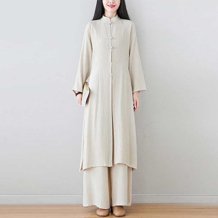 Buddha Stones 2Pcs Chinese Frog Button Design Zen Tai Chi Meditation Clothing Cotton Linen Top Pants Women's Set - image 2