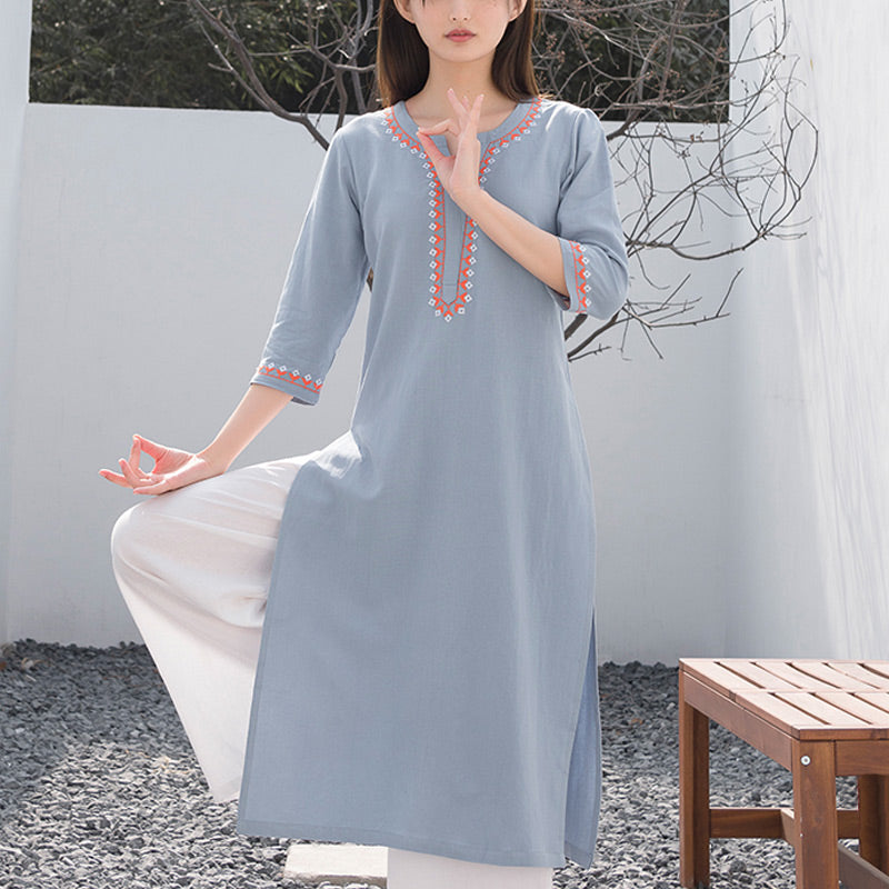 Buddha Stones 2Pcs V-neck Embroidery Yoga Clothing Zen Meditation Cotton Linen Top Pants Women's Set - Blue Top&White Pants - US8-10，UK/AU12-14，EU40-42 (2XL) - image 5